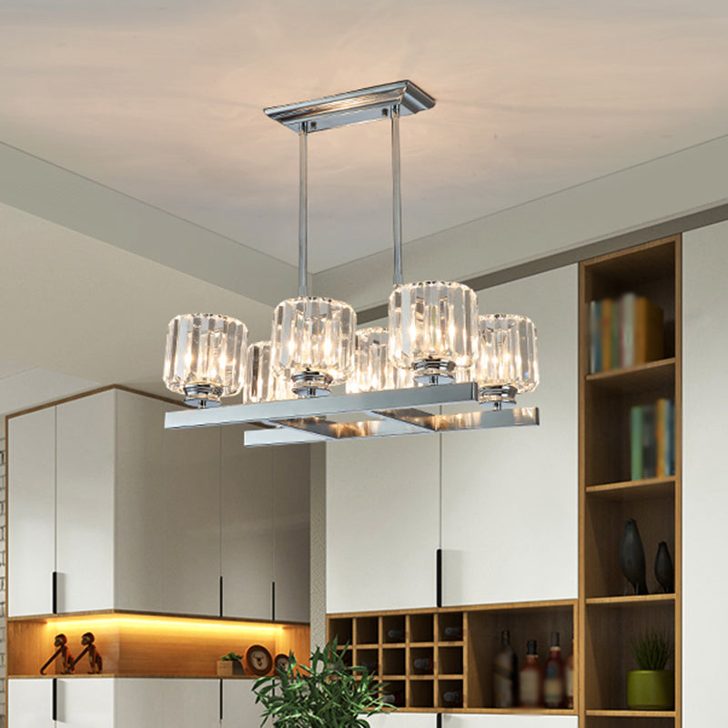 Chrome Parallel Island Light Fixture Modern Crystal Cylinder 6 Heads Dining Table Suspension Lamp