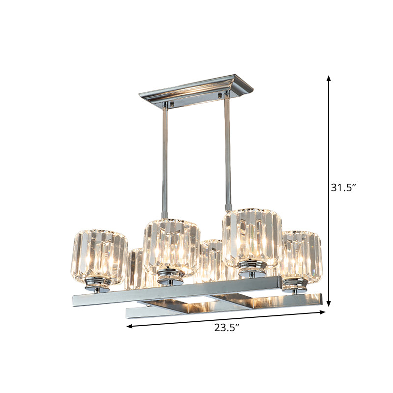 Chrome Parallel Island Light Fixture Modern Crystal Cylinder 6 Heads Dining Table Suspension Lamp