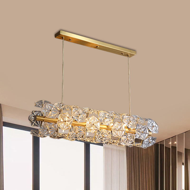 18 Bulbs Island Lighting Fixture Postmodern Restaurant Pendant Lamp with Horizontal Crystal Hexagon Shade in Brass