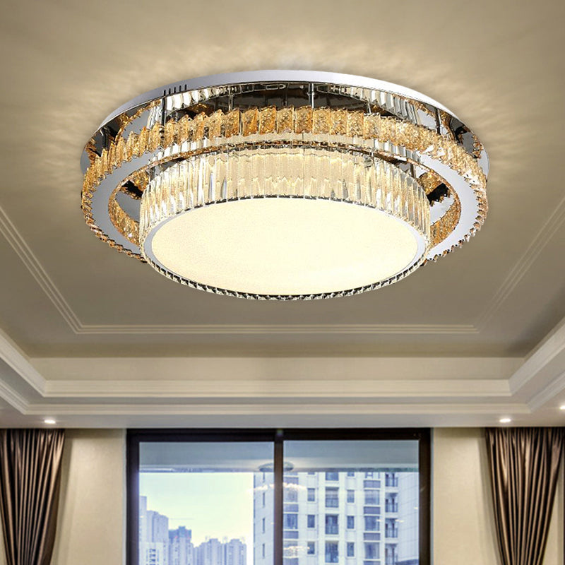19.5"/23.5" Wide Drum Ceiling Lamp Modern Beveled Glass Crystal LED Chrome Flushmount Lighting for Restaurant