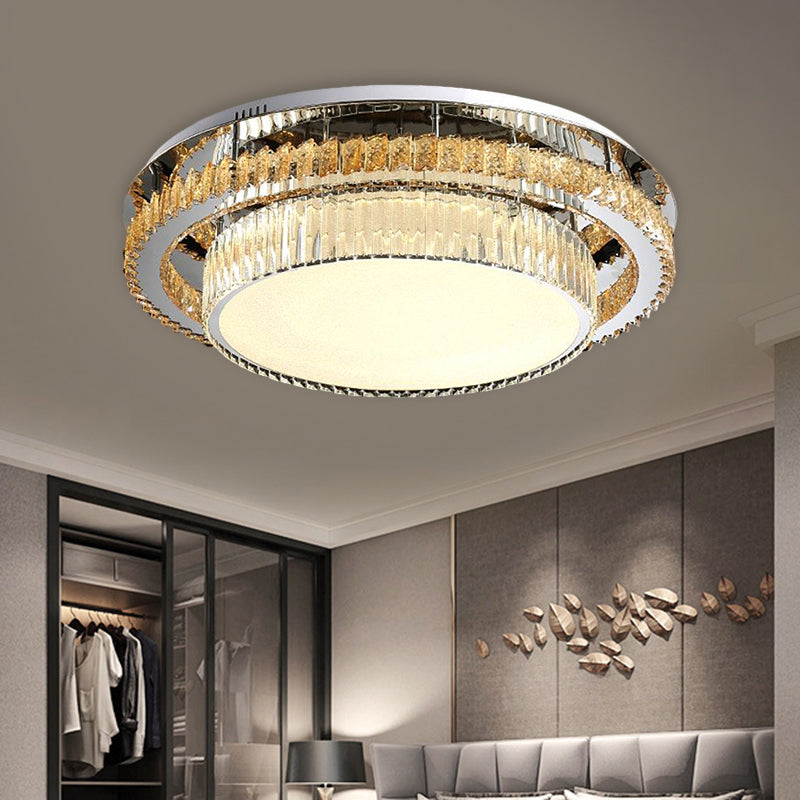 19.5"/23.5" Wide Drum Ceiling Lamp Modern Beveled Glass Crystal LED Chrome Flushmount Lighting for Restaurant