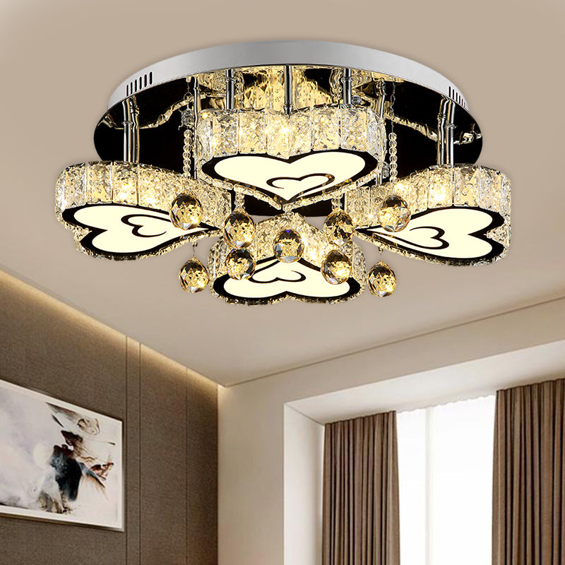 Loving Heart Bedroom Ceiling Fixture Faceted Crystal LED Contemporary Flush Mount Lamp in Chrome