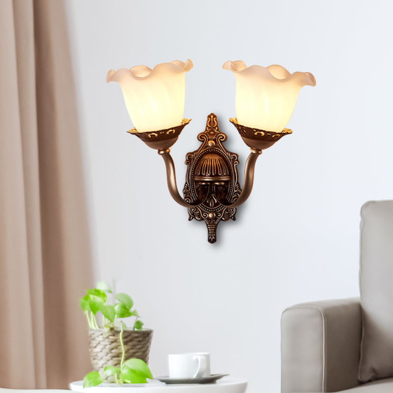 Rustic Style Blossom Wall Lamp 1/2-Head Opaline Glass Wall Mount Lighting in Brown for Living Room