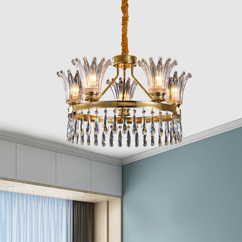 5/8 bollen uit de wijd laaide kroonluchter lichtbarmsel klassiek goud helder kristal plafond hanger met druppelontwerp