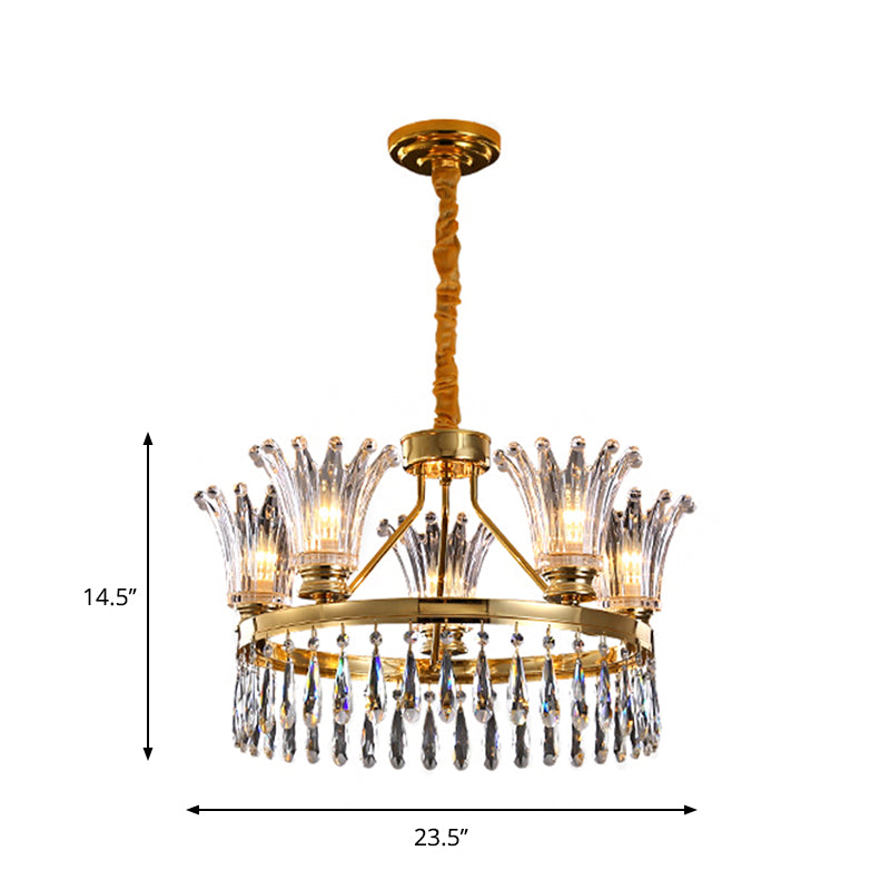 5/8 bollen uit de wijd laaide kroonluchter lichtbarmsel klassiek goud helder kristal plafond hanger met druppelontwerp