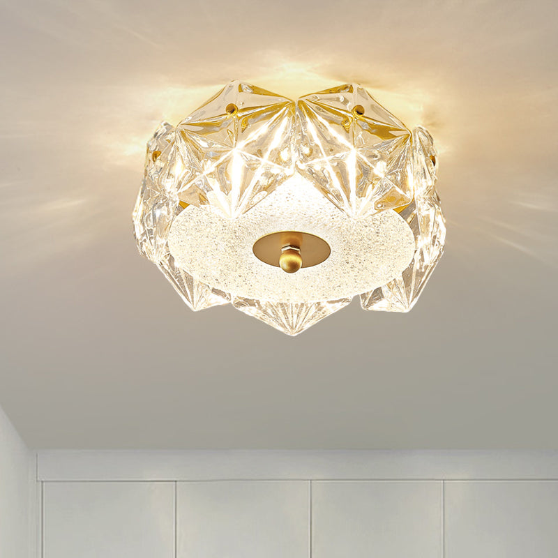 LED Doorway Ceiling Light Fixture Modern Gold Flush Mount Lamp with Hexagon Clear Crystal Shade
