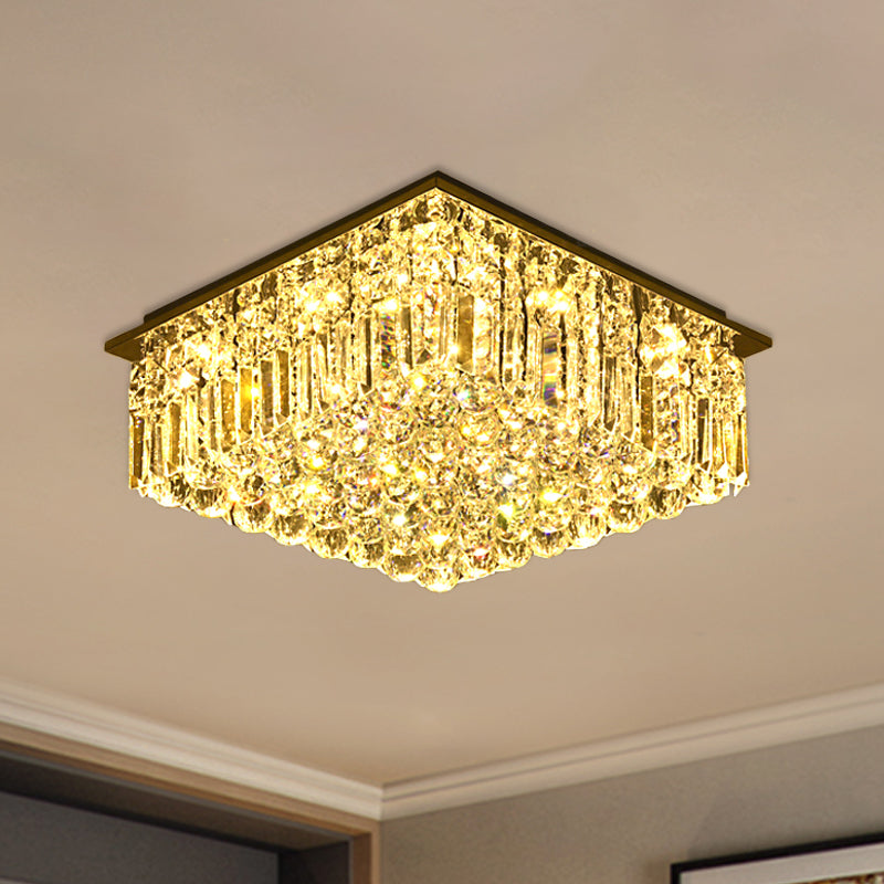 Stainless-Steel Square Ceiling Light Modern Clear Bevel Cut Glass LED Flush Mount Lighting for Bedroom