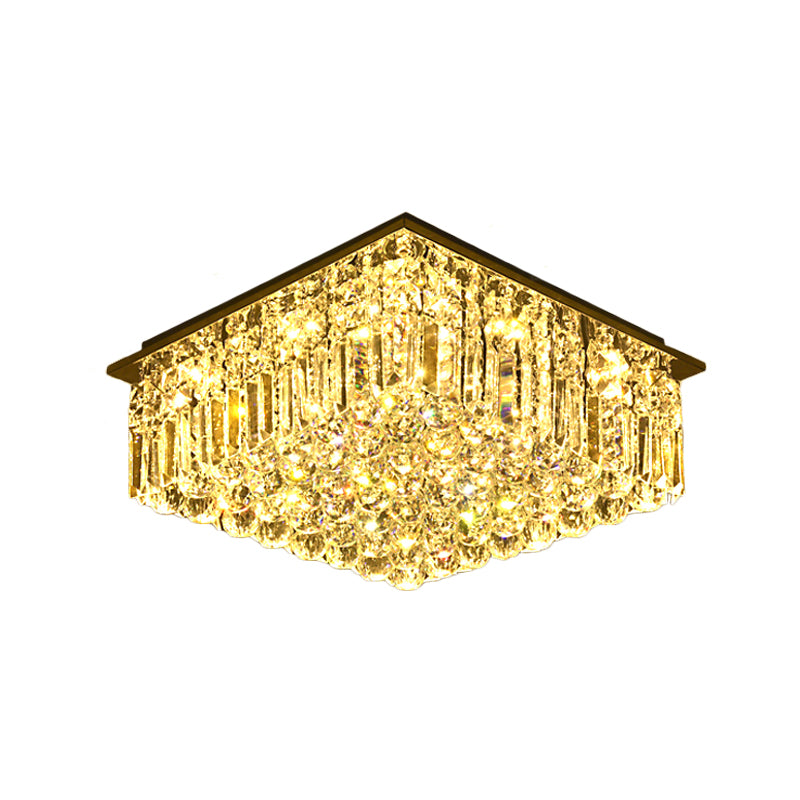 Stainless-Steel Square Ceiling Light Modern Clear Bevel Cut Glass LED Flush Mount Lighting for Bedroom