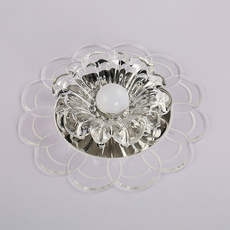 Clear Crystal Flower Ceiling Lighting Modern LED Flush Mount Fixture in Silver for Doorway, Warm/Multi Color Light