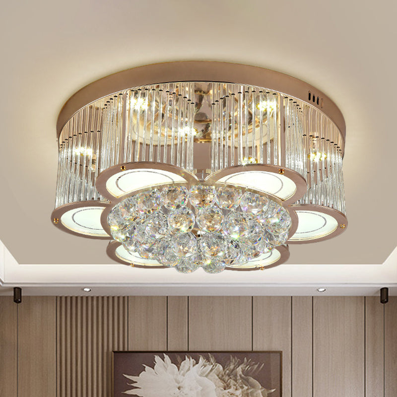 Gold Flower LED Ceiling Mounted Fixture Contemporary Fluted Clear Crystal Flush Light