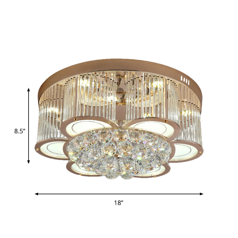 Gold Flower LED Ceiling Mounted Fixture Contemporary Fluted Clear Crystal Flush Light