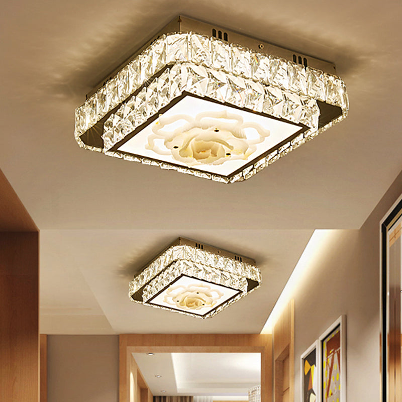 Modern Round/Square Flush Mount Light Faceted Crystal LED Nickel Ceiling Lighting with Floral Design