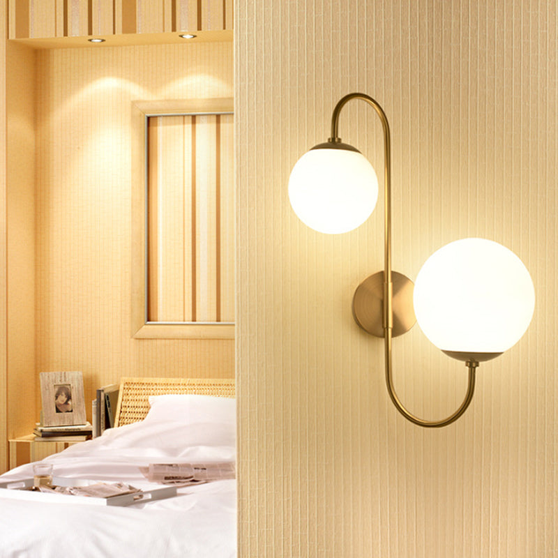 Ball Wall Sconce Light Contemporary Opal Glass 2 Lights Gold Wall Mount Lighting