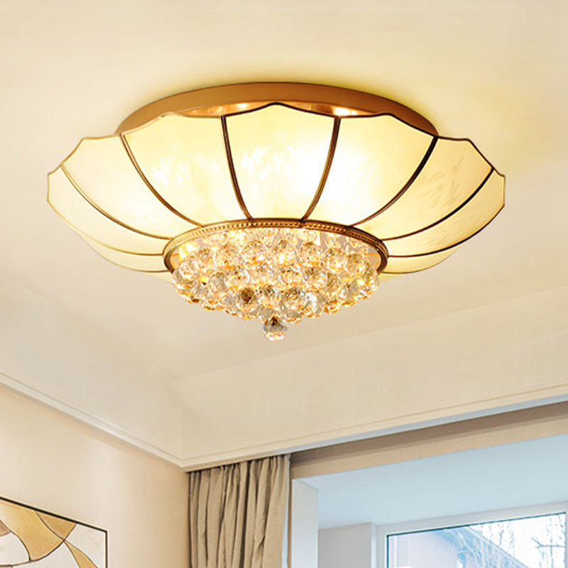 Milky Glass Scalloped Flush Light Colonialist 4/6 Lights Bedroom Flush Mount with Clear Crystal Ball