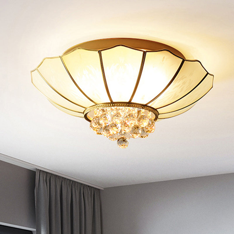 Milky Glass Scalloped Flush Light Colonialist 4/6 Lights Bedroom Flush Mount with Clear Crystal Ball