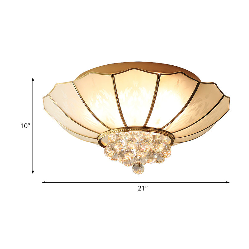 Milky Glass Scalloped Flush Light Colonialist 4/6 Lights Bedroom Flush Mount with Clear Crystal Ball