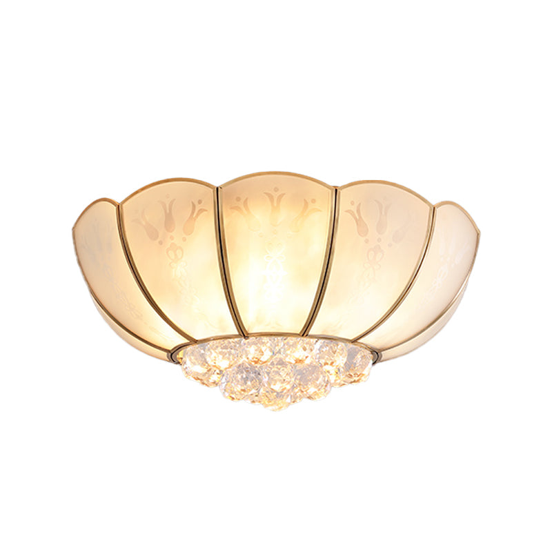 Ivory Glass Scallop Ceiling Fixture Colonialism 4/6 Bulbs Bedroom Flush Mount Lighting in Gold with Crystal Ball