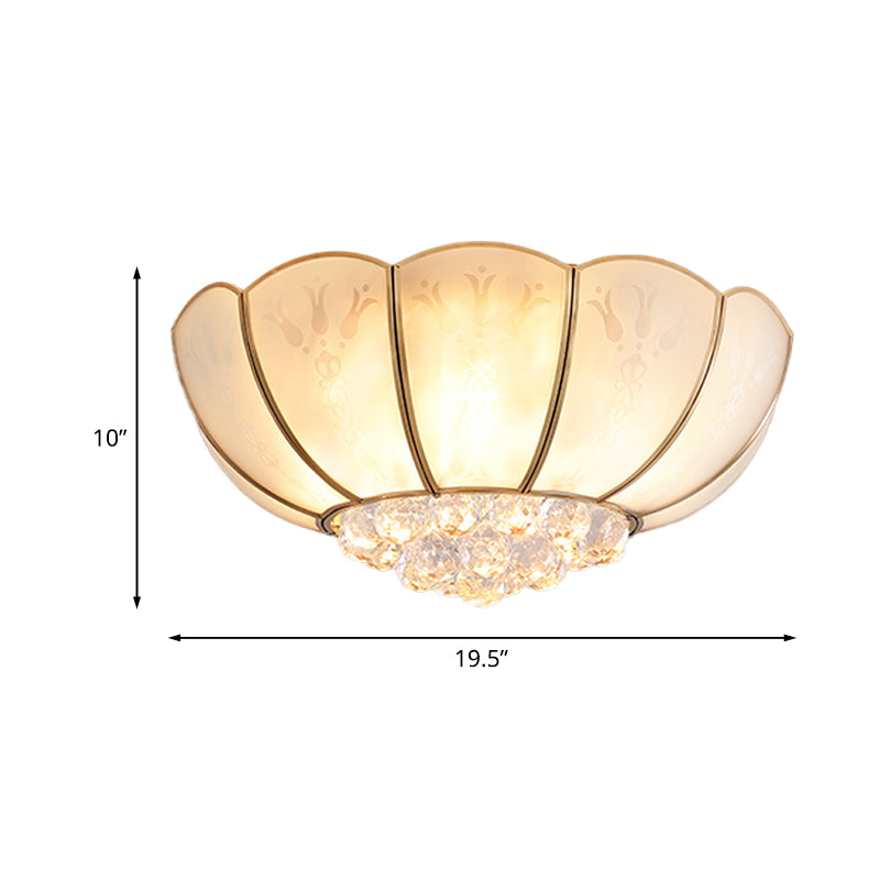 Ivory Glass Scallop Ceiling Fixture Colonialism 4/6 Bulbs Bedroom Flush Mount Lighting in Gold with Crystal Ball