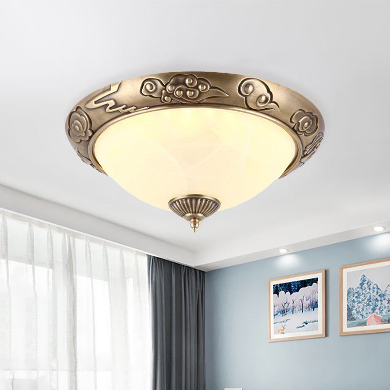 LED Flush Mount Light Fixture Colonialism Dome Shade Opal Glass Ceiling Lighting in Brass for Bedroom, 12"/16" W