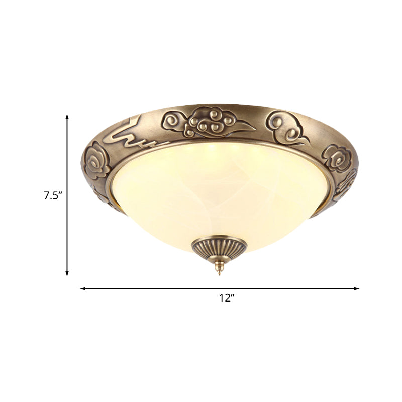 LED Flush Mount Light Fixture Colonialism Dome Shade Opal Glass Ceiling Lighting in Brass for Bedroom, 12"/16" W