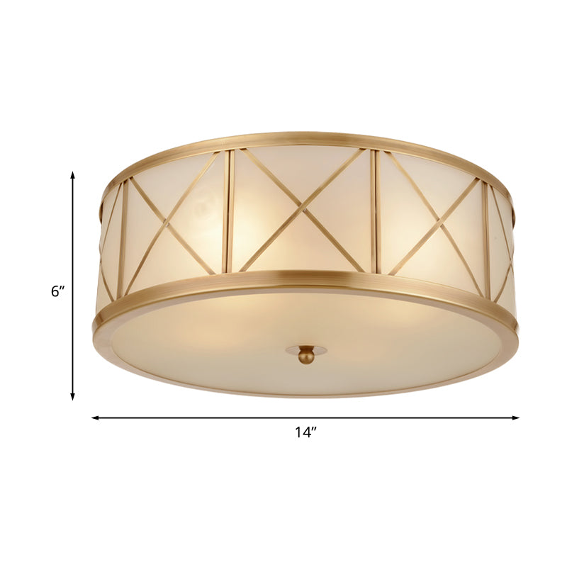 3/4 Heads Cream Glass Ceiling Lamp Colonial Gold Round Bedroom Flush Light with Trellis Cage