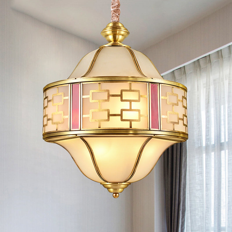 Lampadario a doppia campana il lampadario leggero colonialista vetro lattiginoso 6 teste sospeso in oro ciondolo