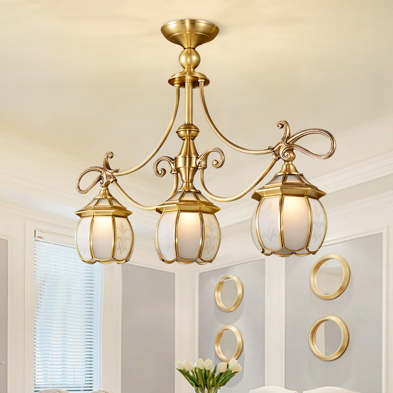 Colonialist Lantern Island Light Fixture 3-Light Ivory Glass Suspension Pendant in Gold for Dining Room