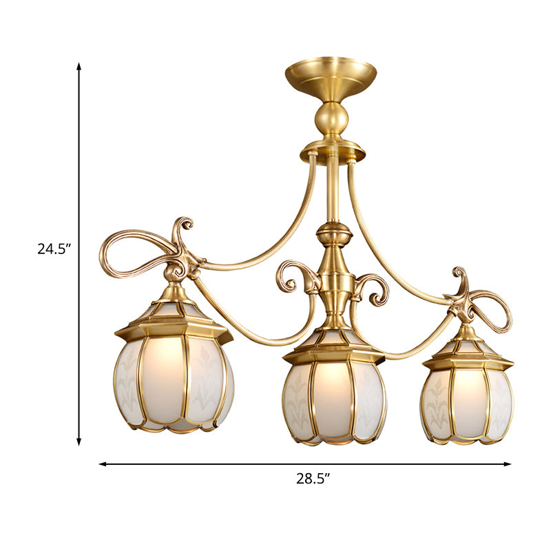 Colonialist Lantern Island Light Fixture 3-Light Ivory Glass Suspension Pendant in Gold for Dining Room