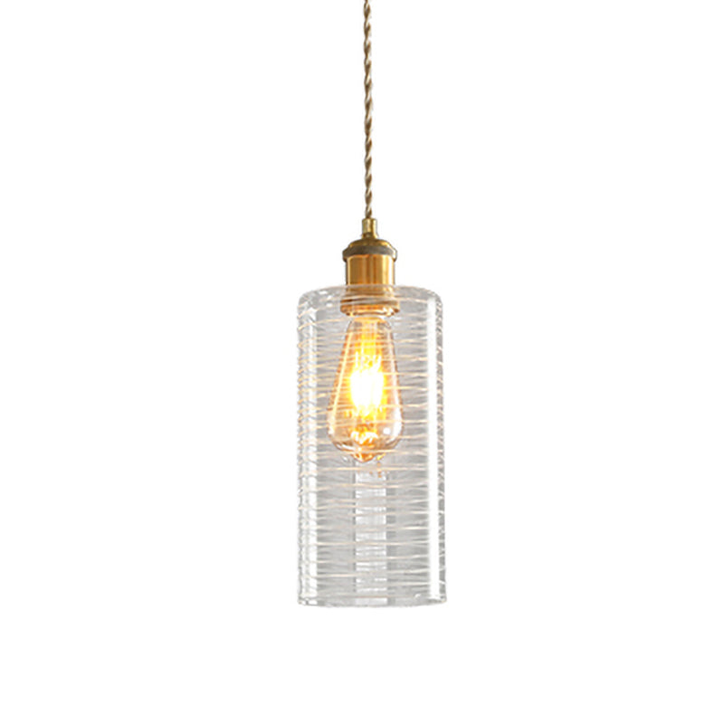 Colonialism Column Down Lighting Pendant 1-Bulb Clear Glass Hanging Ceiling Light in Gold