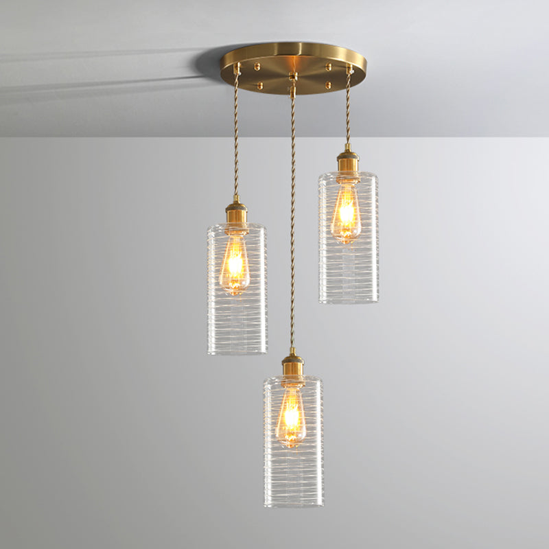 Colonialist Tube Multi Light Pendant 3 Bulbs Clear Glass Hanging Lamp with Round/Linear Canopy for Restaurant