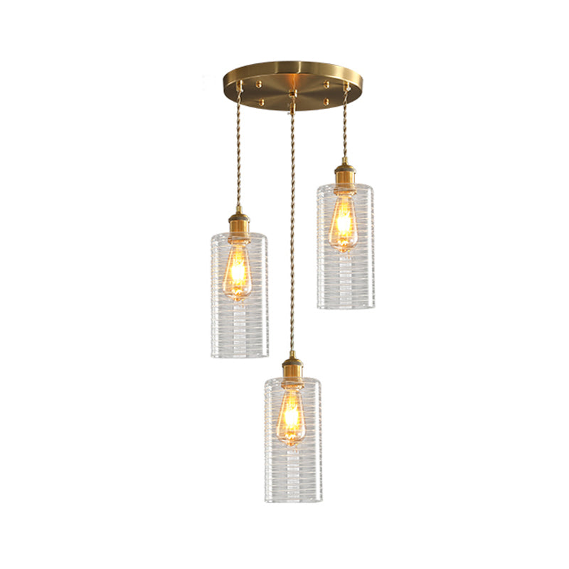 Colonialist Tube Multi Light Pendant 3 Bulbs Clear Glass Hanging Lamp with Round/Linear Canopy for Restaurant
