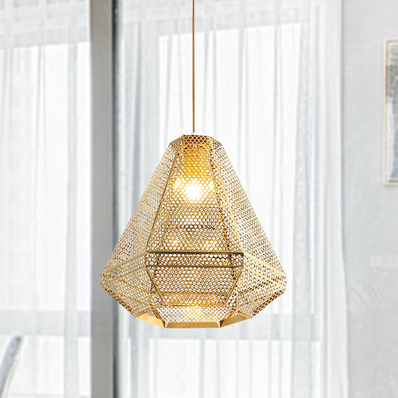 Colonial Cutout Diamond Suspension Light 1-Bulb Stainless Steel Down Lighting Pendant in Gold