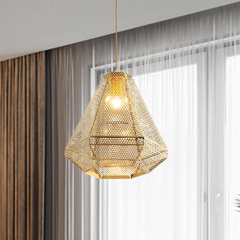 Colonial Cutout Diamond Suspension Light 1-Bulb Stainless Steel Down Lighting Pendant in Gold