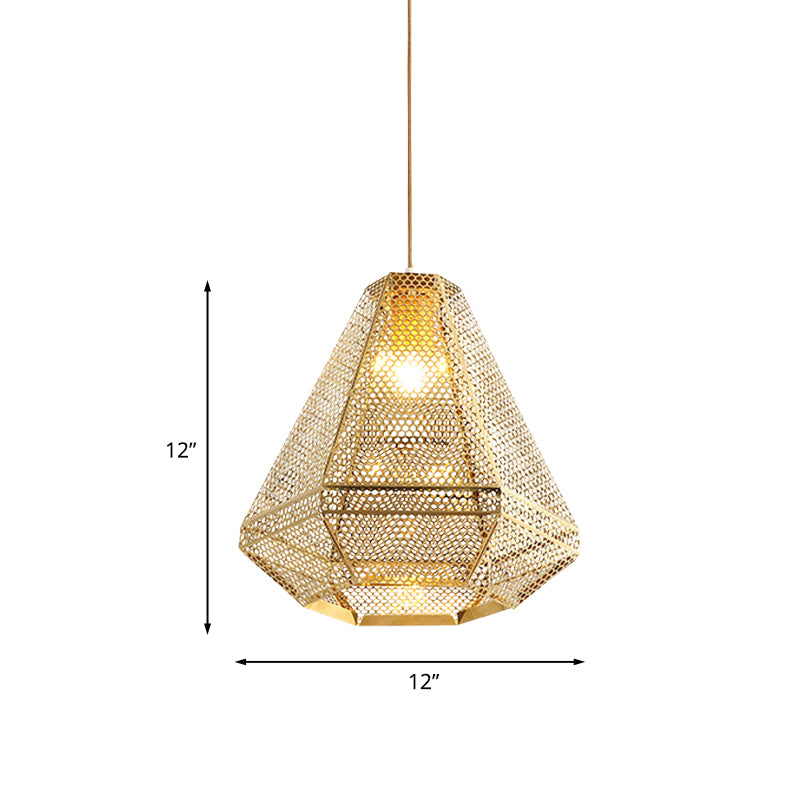 Colonial Cutout Diamond Suspension Light 1-Bulb Stainless Steel Down Lighting Pendant in Gold