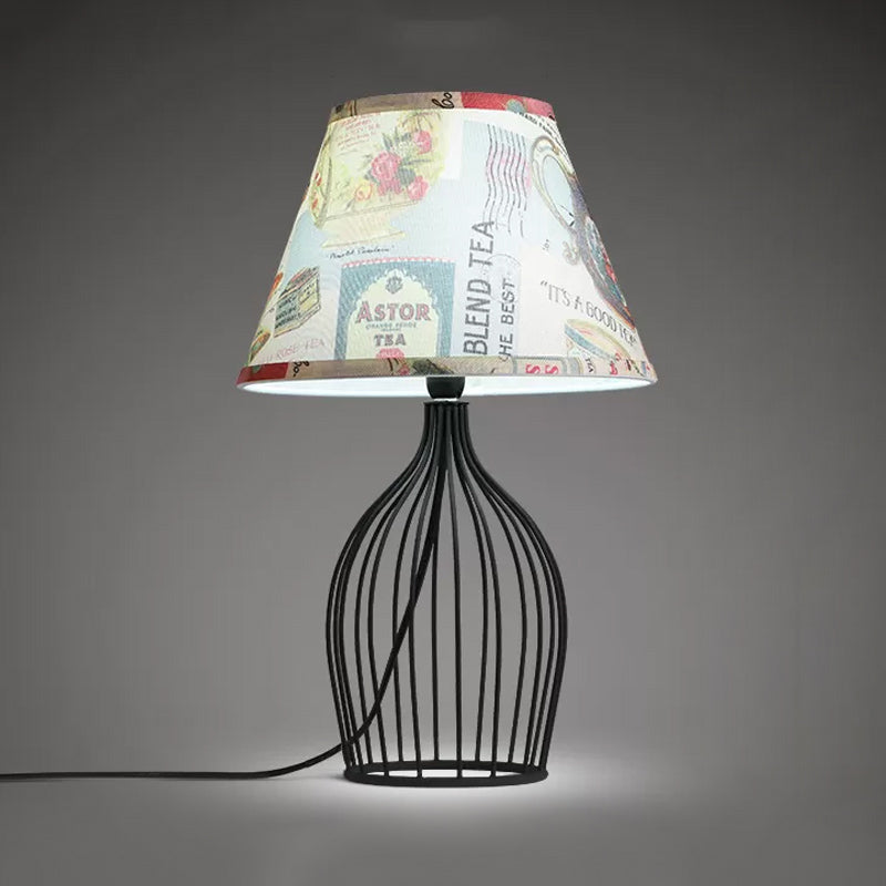 1 Head Barrel Night Table Lamp Traditional Black Nightstand Lighting with Metal Wire Cage Base