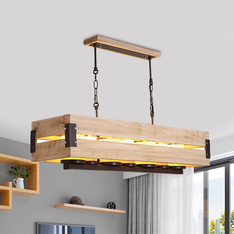 Rectangular Wooden Island Pendant Light Rustic 7 Lights Dining Room Hanging Lamp in Brown