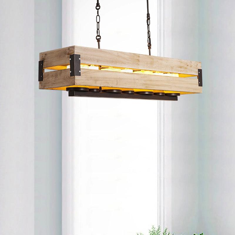 Rectangular Wooden Island Pendant Light Rustic 7 Lights Dining Room Hanging Lamp in Brown