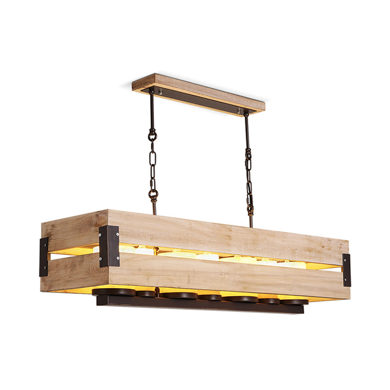 Rectangular Wooden Island Pendant Light Rustic 7 Lights Dining Room Hanging Lamp in Brown