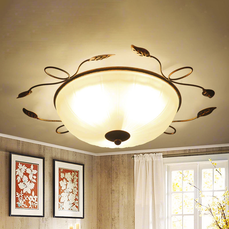 3-Light Flush Mount Spotlight Vintage Bowl-Shaped White Glass Flush Light with Leaf Decoration