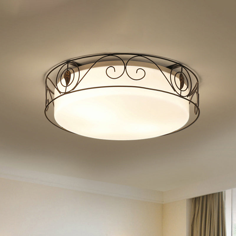 4-Heads Flushmount Lighting Antique Circular White Glass Flush Mount Light with Metal Wire Cage