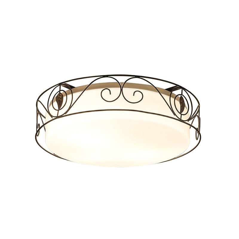 4-Heads Flushmount Lighting Antique Circular White Glass Flush Mount Light with Metal Wire Cage