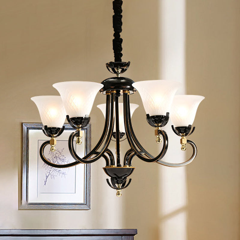 5/8-bulb uitlopende plafond Kroonluchter Retro Black Cream Glass Hanglampverlichting voor restaurant
