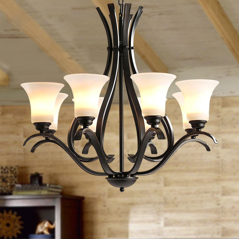 6/8 Lichten Melkglas Kroonluchter Lamp Retro -stijl Zwarte Bell Woonkamer Hangend Licht met gebogen arm
