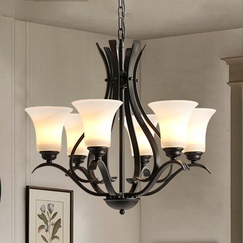 6/8 Lichten Melkglas Kroonluchter Lamp Retro -stijl Zwarte Bell Woonkamer Hangend Licht met gebogen arm