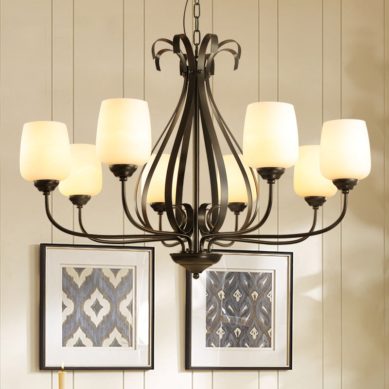 Crème glazen tulpen kroonluchter lamp vintage 3/6/8 bollen eetkamer hanger in zwart met regendruppel kooi