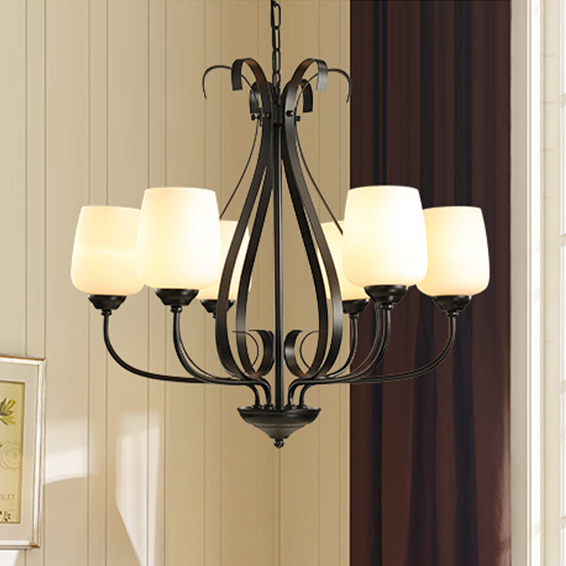 Crème glazen tulpen kroonluchter lamp vintage 3/6/8 bollen eetkamer hanger in zwart met regendruppel kooi