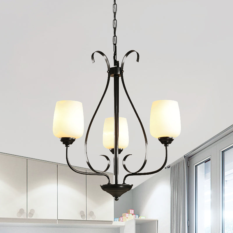 Crème glazen tulpen kroonluchter lamp vintage 3/6/8 bollen eetkamer hanger in zwart met regendruppel kooi