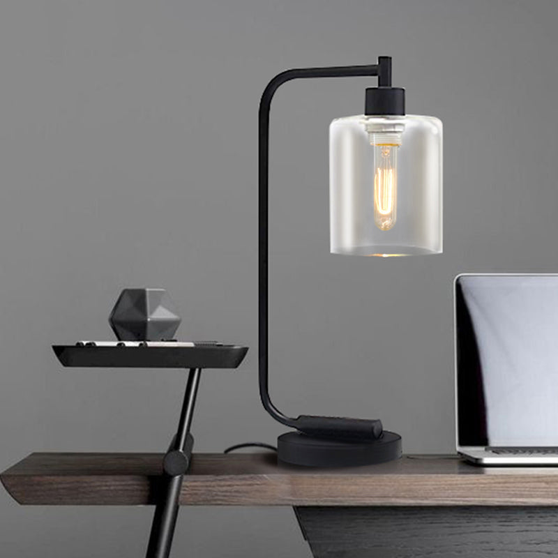 Industrial Cylindrical Night Table Lighting 1-Head Clear Glass Nightstand Light in Black for Bedroom