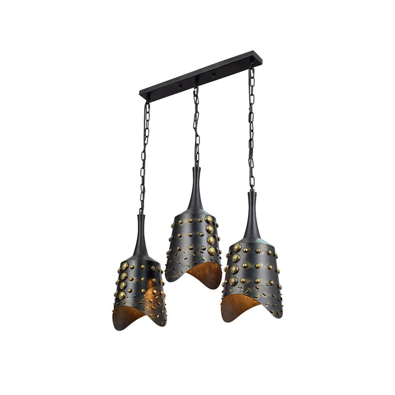 Kegel Keukencluster Pendant Factory Iron 3 koppen zwart hangend plafondlicht met ruche rand