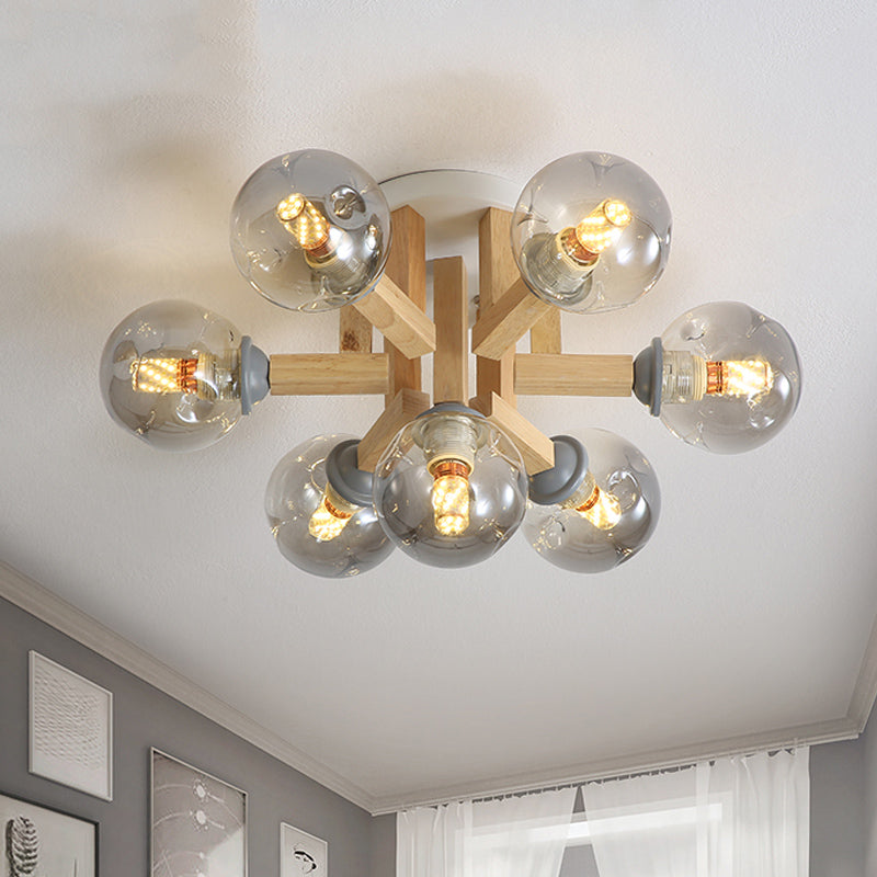 Postmoderne Starburst Semi Mount Lighting Holz 7-Licht Schlafzimmer Spülendedecke mit kugelfeiner grauer Glasschatten